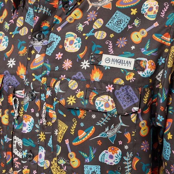 NEW Magellan Outdoors Men's Dia De Los Muertos Print Short Sleeve Fishing Shirt - Picture 3 of 8